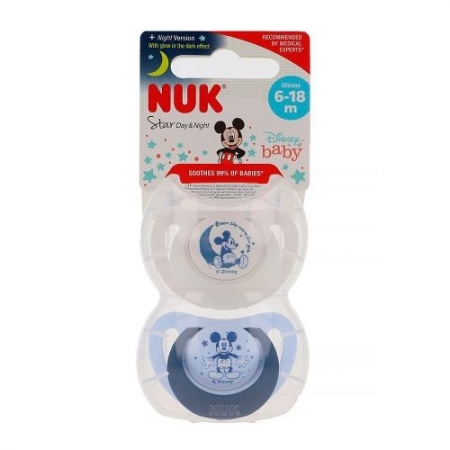 NUK CHUPETE SILICONA STAR MICKEY NIGHT 6-18 M 2 UNIDADES -BAJA-