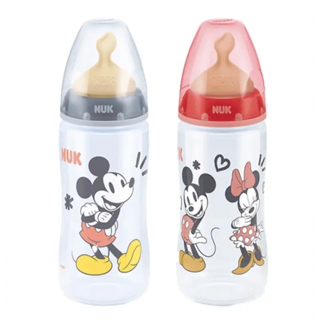 NUK FIRST CHOICE+ BIBERON MICKEY PP TETINA DE LATEX TALLA L 6-18 MESES 300 ML GRIS / ROSA