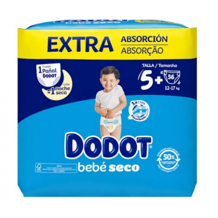 DODOT BEBE SECO EXTRA 56 PAÑALES INFANTILES TALLA 5+ 12-17 KG