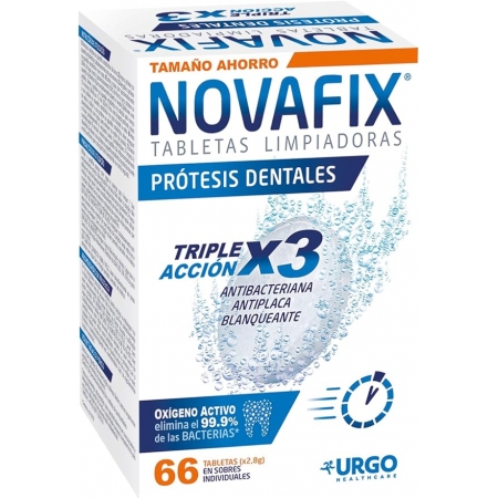 NOVAFIX TABLETAS LIMPIADORAS TRIPLE ACCION LIMPIEZA PROTESIS DENTAL 66 TABLETAS