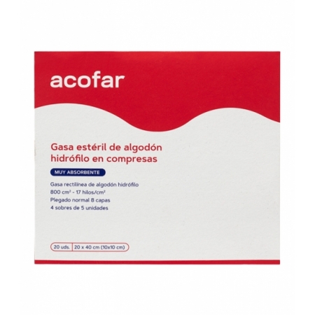 ACOFAR GASA ESTERIL ALGODON HIDROFILO 20 CM X 40 CM 20 UNIDADES