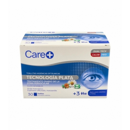 CARE+ TOALLITAS HIGIENICAS OFTALMICAS TECNOLOGIA PLATA 30 MONODOSIS ESTERILES