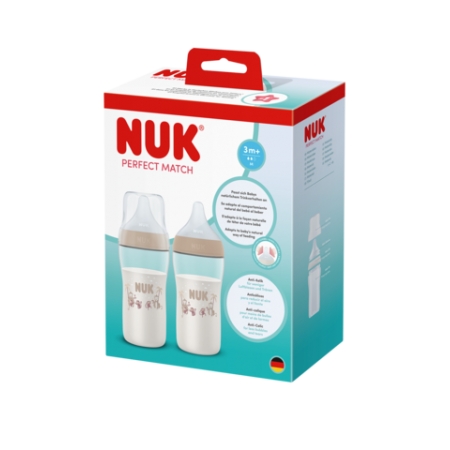 NUK PERFECT MATCH PACK 2 BIBERONES 3 MESES FLUJO M TETINA SILICONA 260 ML MONO